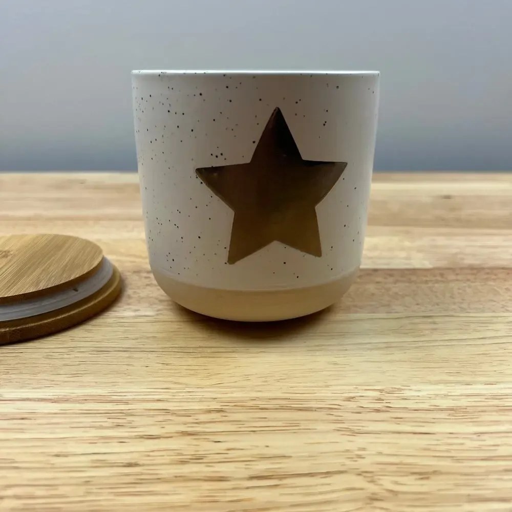 Speckled Ceramic Canister with Gold Star and Wood Lid - NWT